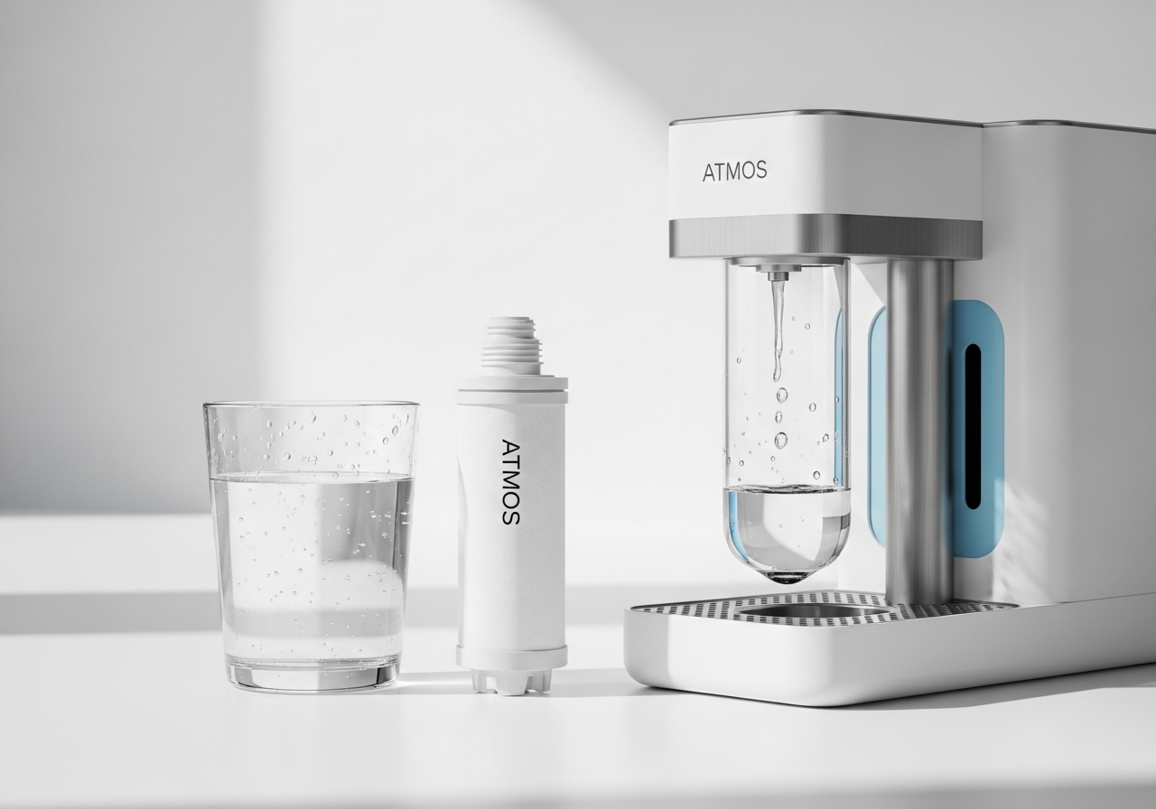 ATMOS mineral filter and a glass of pure water
