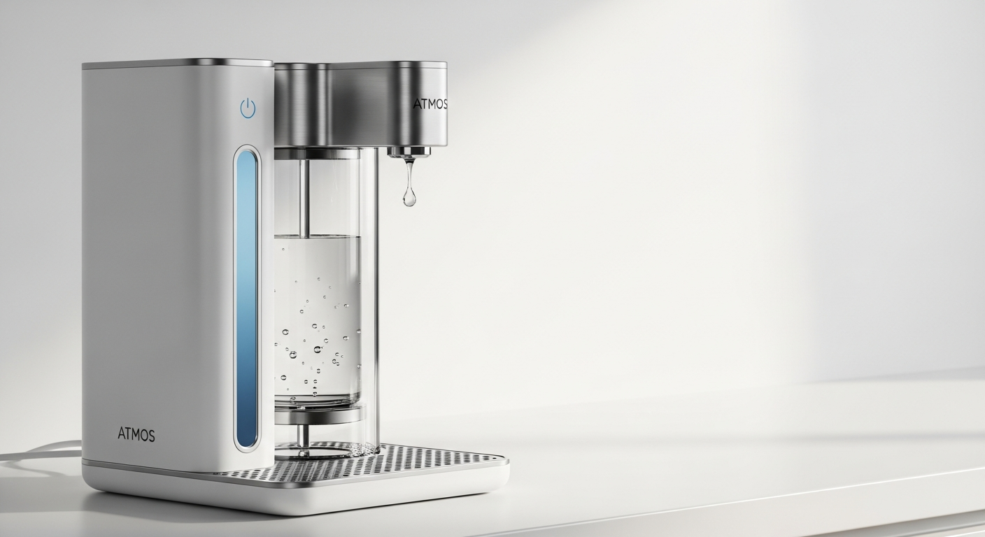 The ATMOS device making clean water on a kitchen counter